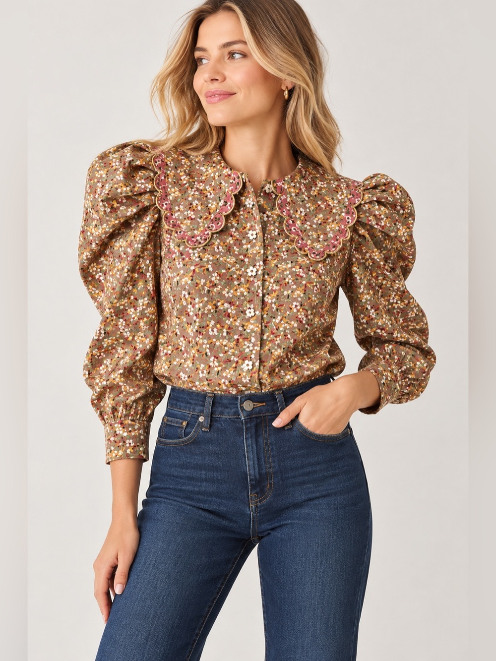 Celia B Cedro TopFloral Puff Sleeve Scalloped Collar Blouse Size Small